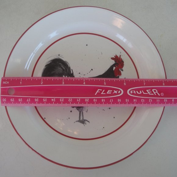 Chicken Coop 8 inch Salad Plate with Rooster Motif and red trim - Picture 5 of 6